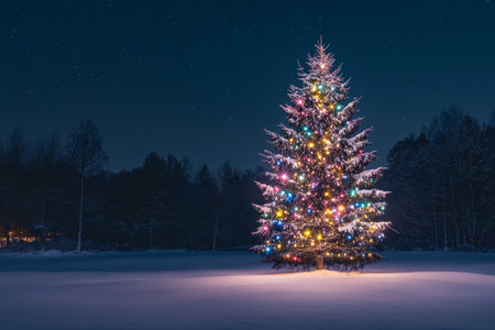 A beautifully illuminated Christmas tree glowing with multicolored lights stands outdoors on a snowy night. The twinkling lights reflect off the snow, creating a magical winter scene under the starry sky.の素材