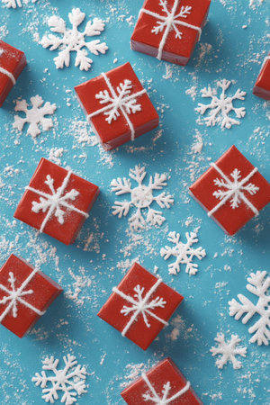 A set of red gift boxes with snowflakes is arranged on a bright cyan background, creating a vibrant and fresh holiday scene with cool, energetic tones.の素材