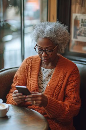 Middle-aged Black woman seated in a cozy corner of a small cafÃÂ©, using her smartphone to complete a cryptocurrency transaction, with a latte on the table.の素材
