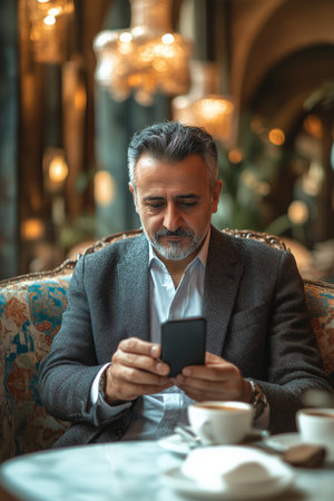 Middle-aged Arabian man sitting in a luxurious cafÃÂ©, casually dressed, focused on his smartphone as he completes a cryptocurrency transaction, with a Turkish coffee in hand.の素材