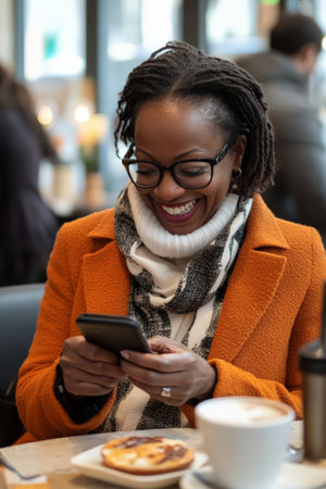 Middle-aged African American woman in a cozy cafÃÂ©, smiling as she completes a cryptocurrency transaction on her smartphone, with a pastry and cappuccino in front of her.の素材