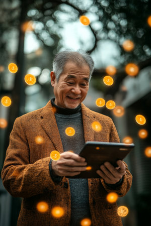 A senior Japanese man, joyfully checking his online earnings on a tablet, with virtual currency and graphs highlighting his financial freedom and success in the digital world.の素材