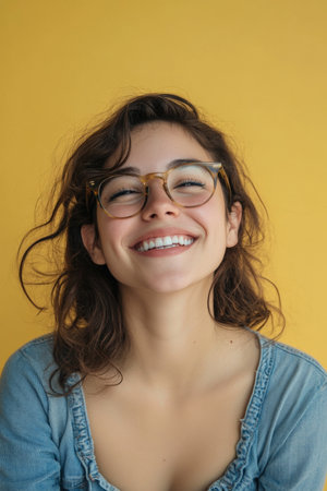 Cheerful young Brazilian woman with glasses, smiling with enthusiasm, wearing casual clothes, set against a pale yellow background, evoking feelings of joy and optimism.の素材