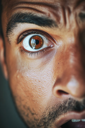 A portrait of a man with deep, intense brown eyes, looking directly at the camera in shock. The close-up captures the details of his expression, emphasizing the emotion and beauty of his gaze.の素材
