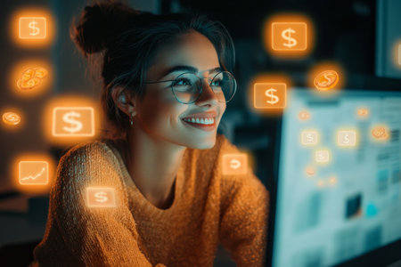 A young adult Brazilian woman, smiling at her computer screen, surrounded by glowing money symbols and digital charts, shows her success in earning money online and achieving financial freedom.の素材