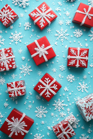 A set of red gift boxes with snowflakes is arranged on a bright cyan background, creating a vibrant and fresh holiday scene with cool, energetic tones.の素材