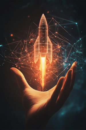 A human hand delicately balancing a glowing rocket ship icon, surrounded by digital lines and floating data points, symbolizing the combination of technology and business for exponential growth.の素材