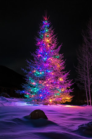 A festive Christmas tree illuminated by multicolored lights stands in the snow on a quiet night. The lights glow brightly, casting a warm, inviting glow across the snowy landscape under the dark sky.の素材