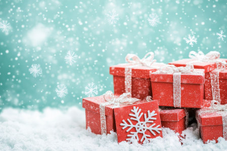 A collection of red gift boxes with snowflakes stands out against a seafoam green background, creating a light and refreshing holiday scene with gentle, pastel tones.の素材
