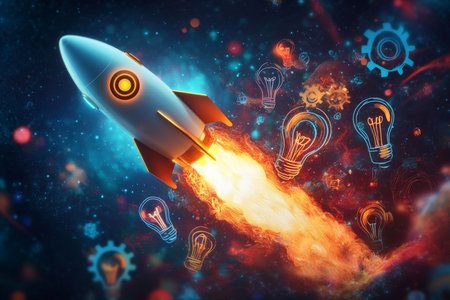 A dynamic abstract rocket taking off from a swirling cluster of idea icons, including lightbulbs and gears. The colorful design conveys the creative energy of a start-up launching into success.の素材