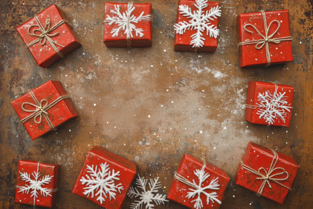A collection of red gift boxes with snowflakes is positioned on a clay brown background, giving the holiday scene a rustic, earthy feel perfect for a cozy winter celebration.の素材