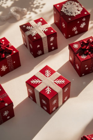 A series of red gift boxes with snowflakes sits on a light ivory background, giving the scene an elegant and timeless holiday feel, perfect for festive displays.の素材