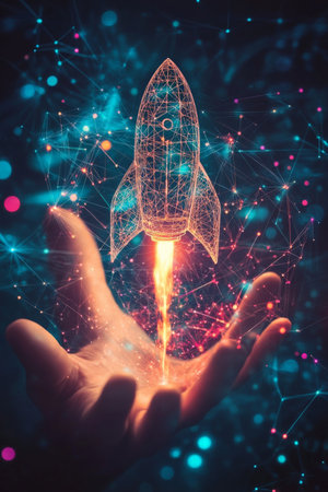 A human hand delicately balancing a glowing rocket ship icon, surrounded by digital lines and floating data points, symbolizing the combination of technology and business for exponential growth.の素材