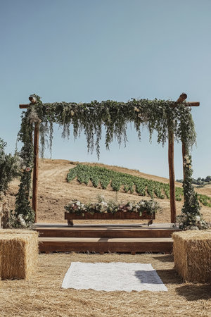 Boho-style wedding in the countryside, featuring a beautifully rustic wooden altar, with greenery hanging elegantly, and hay bales for guest seating, all set under a clear blue sky.の素材