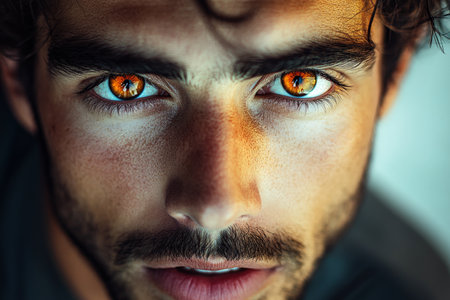 A close-up portrait of a man with striking amber eyes, wide open in disbelief. The natural light enhances the warmth of his expression, and the soft focus on his features adds a dreamy quality to the image.の素材