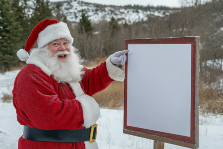 Santa Claus, bundled up in his iconic red suit, points at a blank poster that stands out against a snowy backdrop of hills and trees. The peaceful winter setting contrasts with SantaÃ¢â¬â¢s bright, energetic pose.の素材