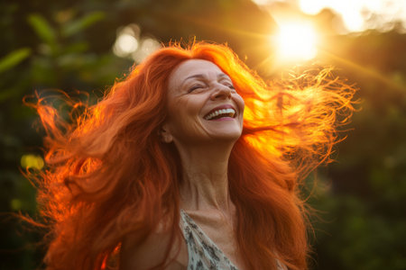 A Brazilian senior woman with long, red hair laughs brightly, her hair spreading out like a fiery cascade around her. Her smile and expressive joy light up the serene background of a sunlit garden.の素材