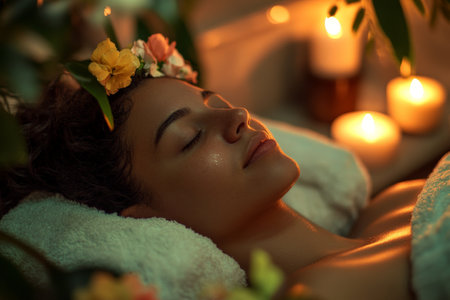 A young Brazilian woman lies contentedly on a spa table, her head draped in a soft towel. The flicker of candlelight and the presence of fresh flowers create a serene atmosphere that matches her relaxed smile.の素材