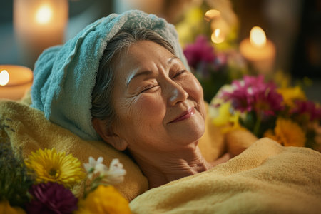 A senior Japanese woman smiles peacefully as she reclines on a spa table, her head wrapped in a fresh towel. The flickering candlelight and vibrant flowers around her enhance the calm, soothing ambiance.の素材