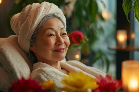 A senior Japanese woman smiles peacefully as she reclines on a spa table, her head wrapped in a fresh towel. The flickering candlelight and vibrant flowers around her enhance the calm, soothing ambiance.の素材