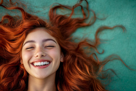 A young Hispanic woman with dazzling red hair spreads laughter as her hair flows out in every direction. Her joyous expression fills the air with lightness and warmth.の素材