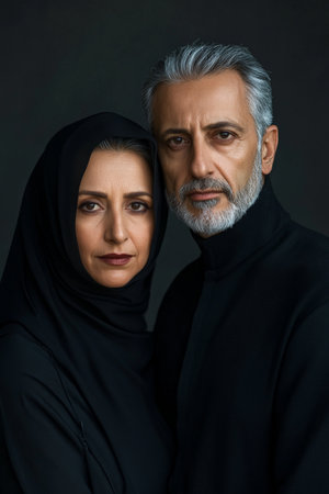 A middle-aged Arabian woman and man pose closely in sleek black clothing. Their serious expressions, set against a shadowy background, emphasize their sophistication and connection, capturing the essence of elegance beautifully.の素材