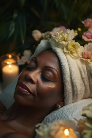 A middle-aged Black woman rests on a spa table, a towel on her head and a gentle smile on her face. The soothing candlelight and fragrant flowers around her enhance her relaxation, creating a peaceful spa experience.の素材