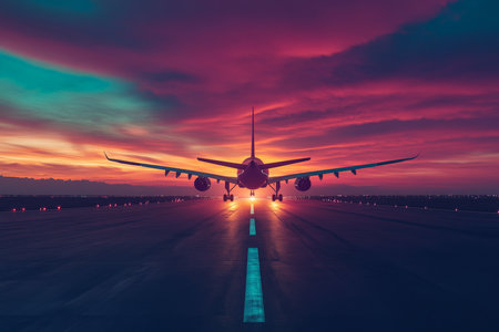 A passenger plane touches down on a runway as the sun begins to set, creating a beautiful silhouette against the colorful sky. The runway lights flicker on, guiding the aircraft as it completes its descent, symbolizing the start of new adventures for its passengers.の素材