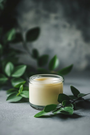 A jar of creamy moisturizer stands beside fresh green leaves on a clean gray surface. The soft lighting and minimalist background highlight the purity and natural beauty of the skincare product.の素材