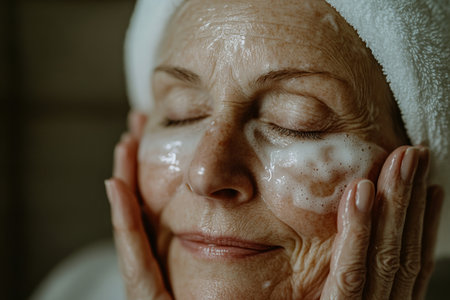 An elderly Caucasian woman gently massages a cleansing oil onto her face, showing her nurturing beauty routine. The close-up emphasizes her grace and poise, with a soft, clean background that enhances her timeless elegance.の素材