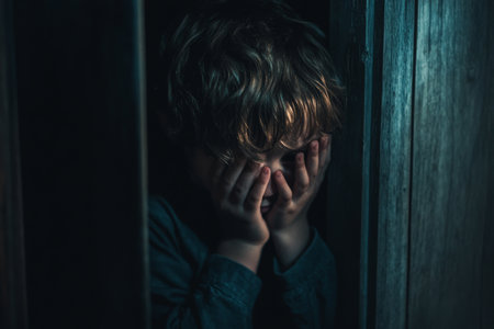 A young child, around 6 years old, huddles in the corner of their room, hands covering their face. The dim light in the room emphasizes their feelings of anxiety, stress, and sadness, stemming from school bullying.の素材