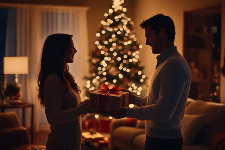 A festive moment as a couple exchanges gifts in a cozy living room. The Christmas tree sparkles in the background, while warm lighting creates a soft, intimate atmosphere. The coupleÃ¢â¬â¢s smiles reflect joy and togetherness.の素材