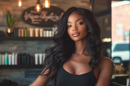 In this dynamic hair salon banner, a striking Black woman with gorgeous, wavy long hair radiates confidence. She poses with flair, showcasing her hair's shine and texture amidst a backdrop of modern salon decor and an array of luxurious hair care products.の素材