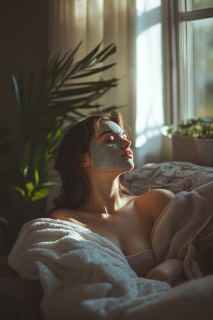 The warm glow of the morning sun fills a cozy living room as a young woman lounges on her sofa, a facial mask applied. She is surrounded by calming elements, enhancing her skincare and relaxation ritual.の素材