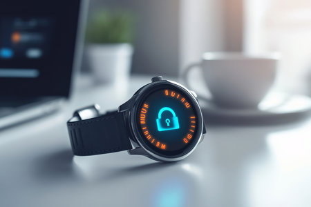 A smartwatch with a glowing lock icon on its screen sits on a clean, white desk. The background includes subtle details like a laptop and a neatly placed coffee cup, symbolizing both security and efficiency in the workspace.の素材
