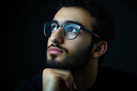 A young Arabian man with modern glasses and a trimmed beard rests his chin on his hand while gazing thoughtfully into the distance. The dark background adds intensity and depth to his expression.の素材