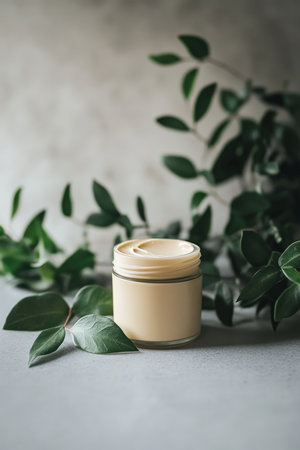 A jar of creamy moisturizer stands beside fresh green leaves on a clean gray surface. The soft lighting and minimalist background highlight the purity and natural beauty of the skincare product.の素材