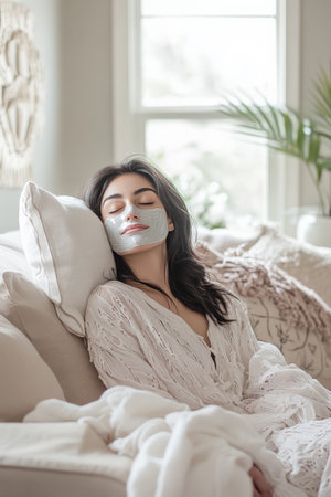 A young woman sits back on her comfortable sofa with a facial mask on, basking in a moment of calm. The living room is filled with soft light, plush pillows, and subtle decorations, creating a tranquil setting for self-care.の素材