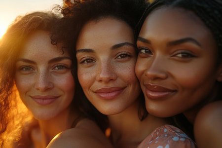 A close-up portrait of diverse women with soft, knowing smiles, standing together. The warm lighting accentuates their expressions of mutual respect and unity, creating a comforting, inclusive atmosphere.の素材