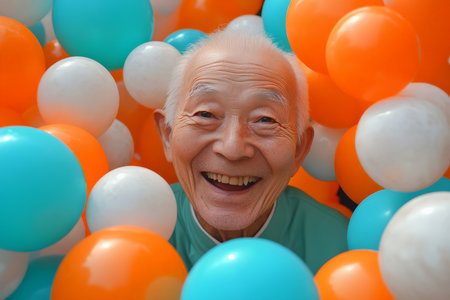 An elderly Japanese man with a big smile is caught in a vibrant atmosphere of turquoise, orange, and white balls. His face beams with excitement as he enjoys this playful, cheerful moment, embracing a youthful spirit.の素材