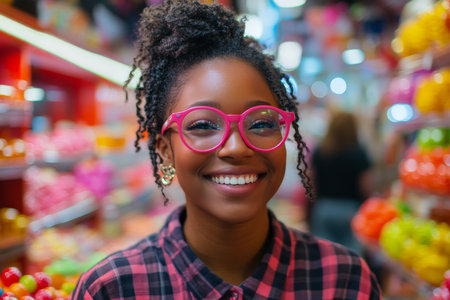 A cheerful Black woman, wearing pink glasses and a plaid shirt, stands excitedly in the middle of a vibrant candy store. The bright colors of the sweets and her joyful expression reflect the playful atmosphere around her.の素材