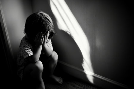 A young child, around 6 years old, huddles in the corner of their room, hands covering their face. The dim light in the room emphasizes their feelings of anxiety, stress, and sadness, stemming from school bullying.の素材