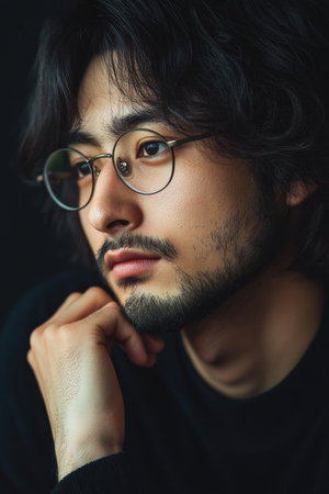 A young Japanese man with glasses and a neatly kept beard rests his chin on his hand, looking thoughtfully into the distance. The dark background heightens his sense of calm reflection.の素材
