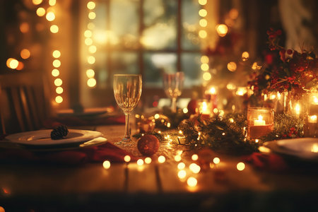 A group of friends enjoying a cozy winter evening, surrounded by festive decorations on a beautifully arranged table. Soft, warm lights create an inviting ambiance, reflecting their joyful spirits as they celebrate together.の素材