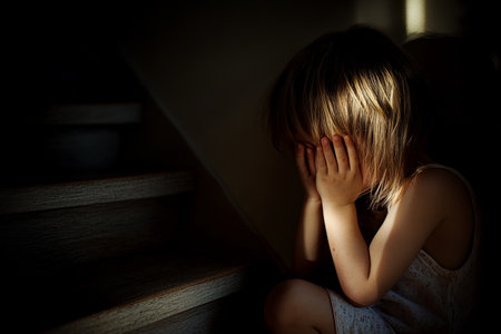 A young child, around 6 years old, huddles in the corner of their room, hands covering their face. The dim light in the room emphasizes their feelings of anxiety, stress, and sadness, stemming from school bullying.の素材