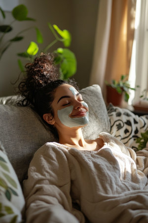 A young woman wearing a facial mask smiles contentedly while reclining on her sofa. Her living room is filled with soft, warm light, houseplants, and calming decor that enhances her self-care experience.の素材
