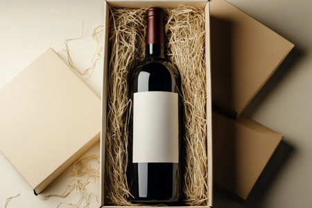 A minimalist gift box with a single bottle of red wine inside, surrounded by delicate straw packing. The label is visible through the transparent lid, offering an elegant and sophisticated wine gift presentation.の素材