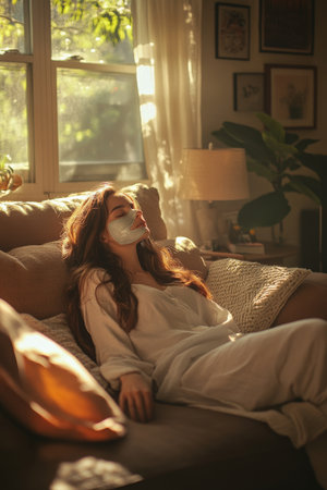 The warm glow of the morning sun fills a cozy living room as a young woman lounges on her sofa, a facial mask applied. She is surrounded by calming elements, enhancing her skincare and relaxation ritual.の素材