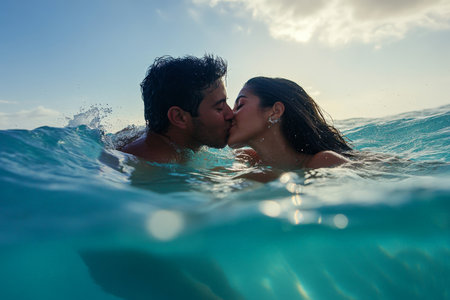 An attractive Hispanic couple shares a passionate kiss while swimming in the ocean, their joy radiating under the bright sun. The clear blue waters and gentle waves provide the perfect backdrop for their intimate moment, capturing the essence of love and happiness.の素材