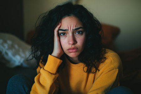 A young Hispanic woman sits on a bed, looking worried as she rubs her temples. The soft background provides a calming contrast to her visible discomfort, illustrating the reality of coping with physical pain in a busy world.の素材